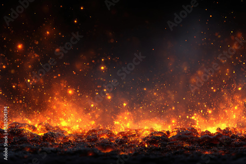 Background with fire sparks, embers and smoke. Overlay effect of burn coal, grill, hell or bonfire with flame glow, flying orange sparkles and fog on black background,