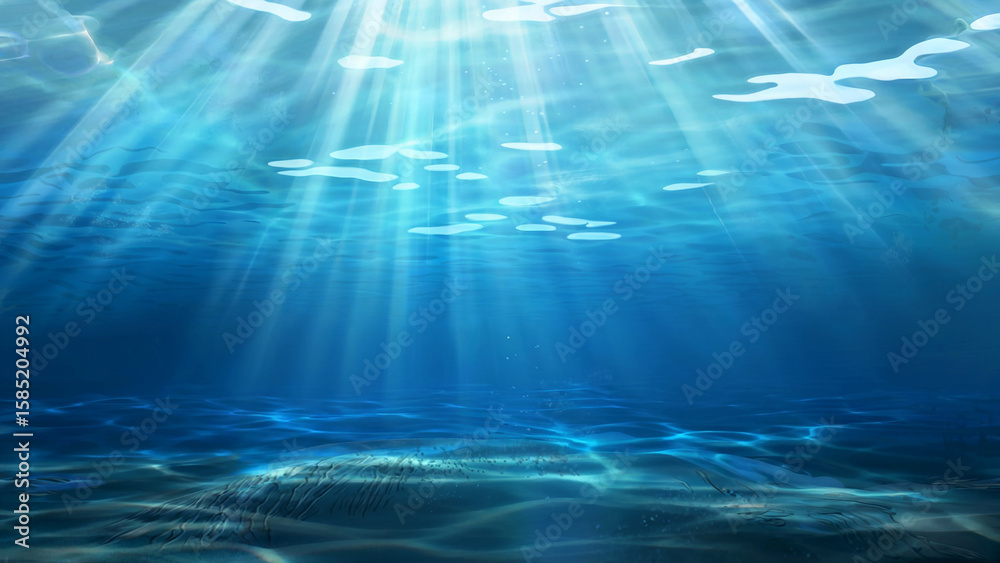 Fototapeta premium Sunlight beams pierce through the clear blue ocean surface creating shimmering light patterns on the sandy seabed below