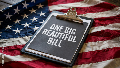 A clipboard with the words one big beautiful bill rests on the american flag symbolizing legislation and national policy