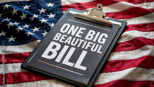 Clipboard with text one big beautiful bill rests on a rippling american flag