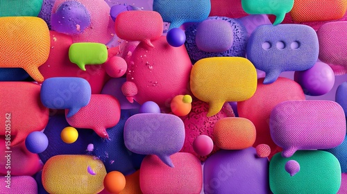 Vibrant communication bubbles in a colorful, dynamic, modern, textured render representing dialogue, discussion, social media, and feedback networks.