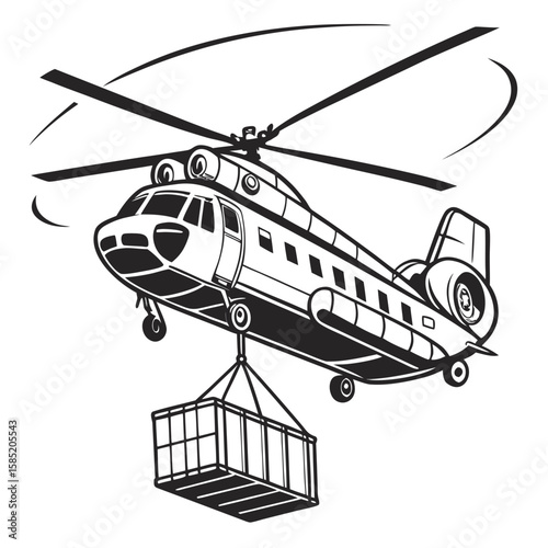 Black and white illustration of a heavy lift helicopter transporting a cargo container