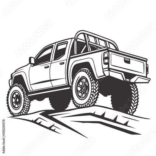 Black and white illustration of a lifted pickup truck off road