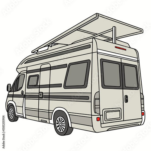 Beige motorhome with pop up roof and dark windows campervan