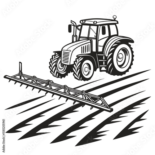 Black and white tractor with agricultural implement farming agriculture