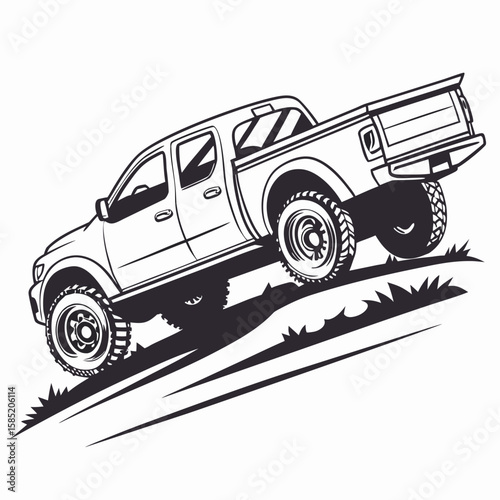 Black pickup truck driving up hill with large tires off road vehicle