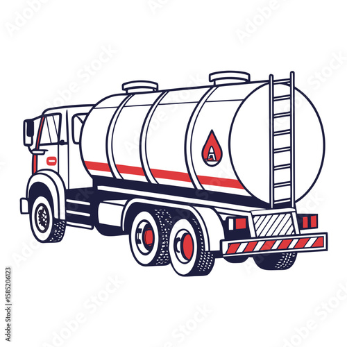 Blue and red tanker truck with hazard symbol fuel truck transport