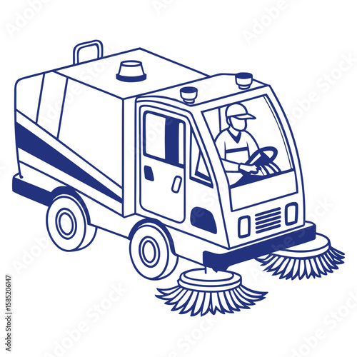 Blue street sweeper vehicle with driver cleaning municipal