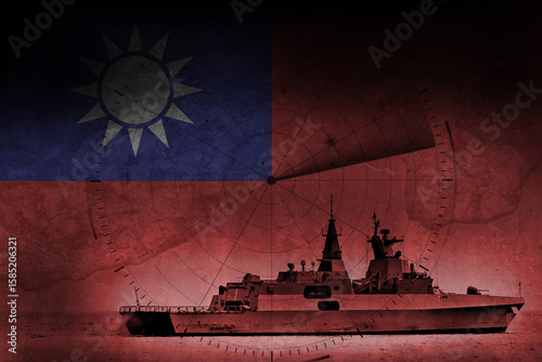 Taiwan Navy Frigate warship with flag and radar overlay