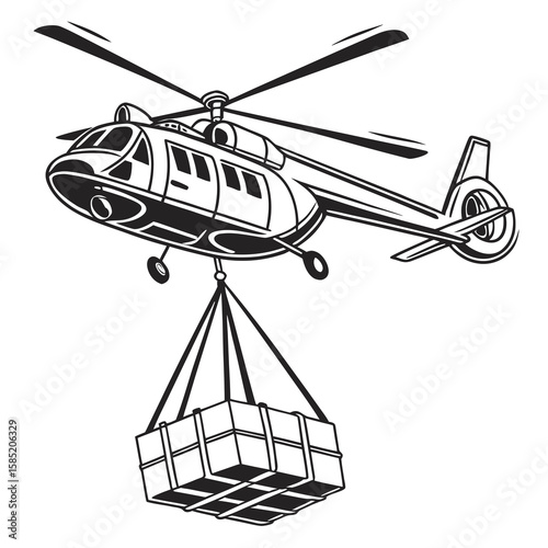 Black and white illustration of a cargo helicopter lifting a suspended load