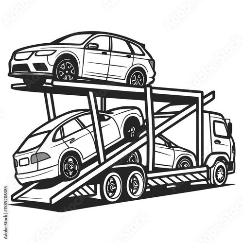 Black and white illustration of a car carrier trailer transporting vehicles