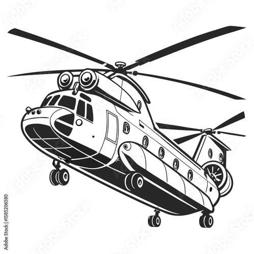 Black and white tandem rotor helicopter aviation transport
