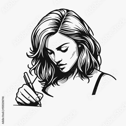 Woman signing autograph in minimalistic line art style, black and white illustration, personal touch