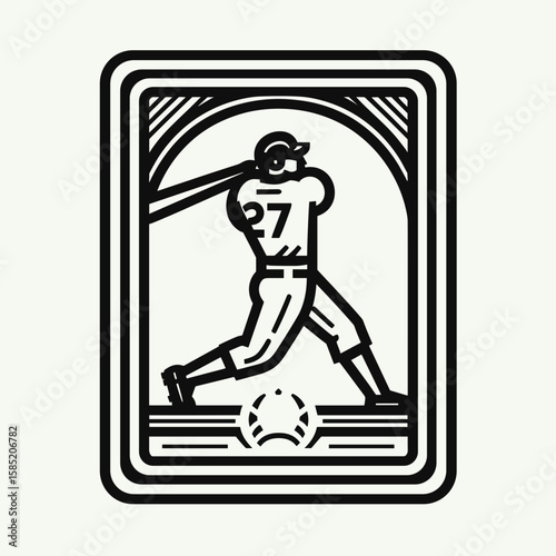 Baseball card illustration featuring a player swinging bat, minimalistic black and white design, sports art