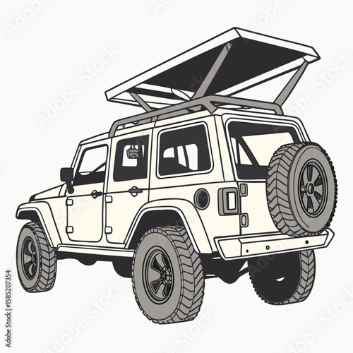 Cream colored off road vehicle with open canopy and spare tire rugged