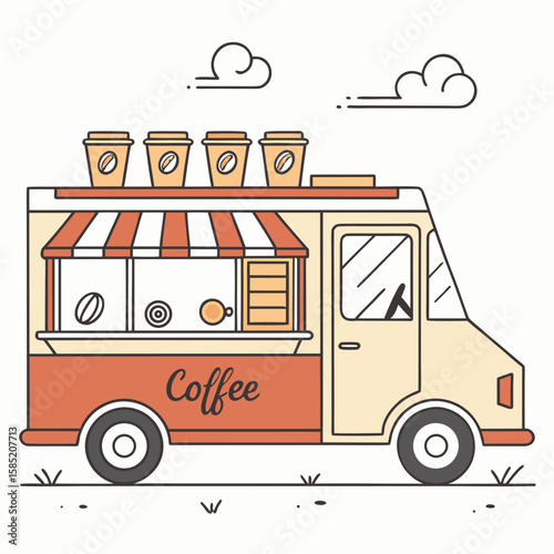 Coffee truck with cups and clouds food truck beverage