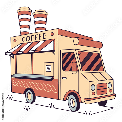 Coffee truck with striped cups and awning food truck