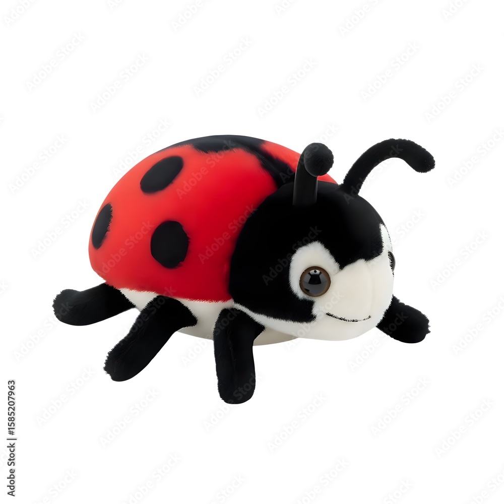 Naklejka premium A ladybug plush toy with a red shell and black spots isolated on a white background in a studio shot