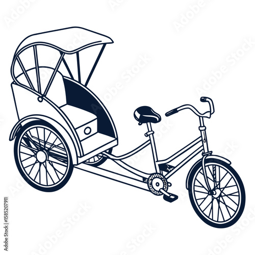 Dark blue rickshaw bicycle with canopy and seat transport vehicle