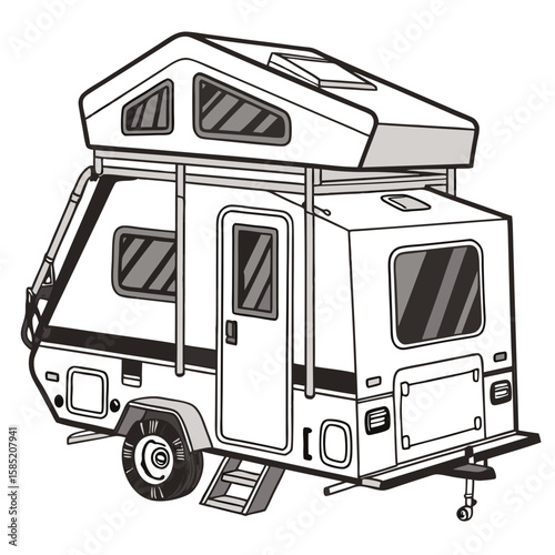 Compact pop top camping trailer with windows and steps