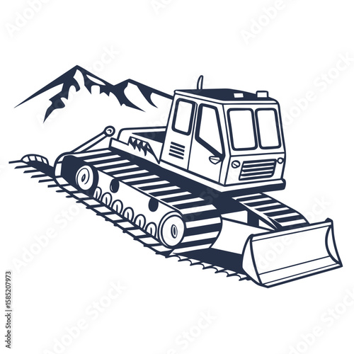 Dark blue snow groomer with mountains ski resort vehicle
