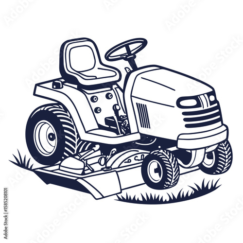 Dark blue tractor mower on grass lawn garden