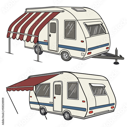 Cream caravan with red striped awning and blue trim
