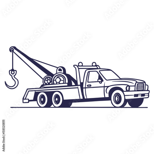 Dark blue tow truck with hook and crane vehicle transportation