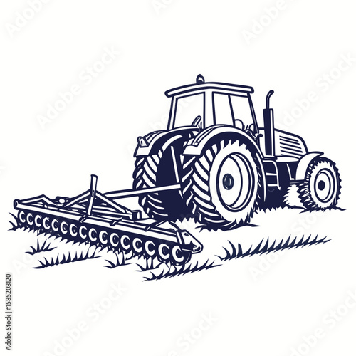 Dark blue tractor plowing field with disc harrow farming agriculture