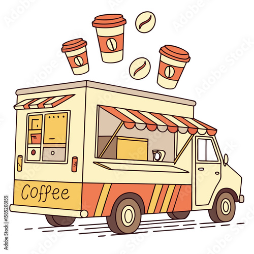 Cream orange coffee truck with cups food truck beverage
