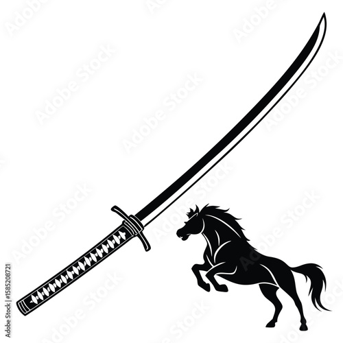 A powerful samurai sword stands ready beside a majestic galloping horse in this striking black and white illustration