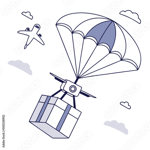 Drone delivering package via parachute with airplane and clouds