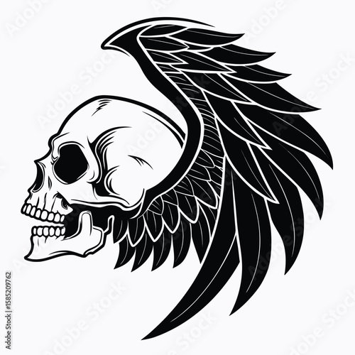 Angelic Skull with Detailed Wings Emblem for Tattoo Art and Graphic Design