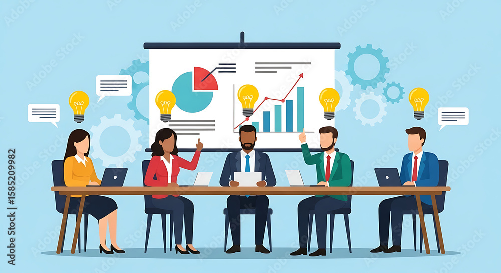 Fototapeta premium A colorful flat vector illustration of a diverse team brainstorming. Lightbulb icons symbolize creative ideas during a data-driven strategy meeting