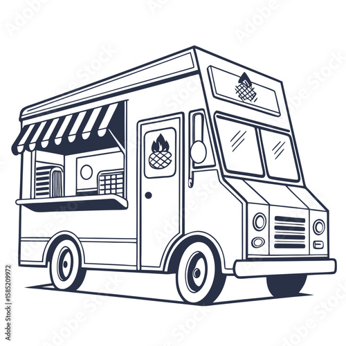 Food truck with awning and pineapple logo delivery