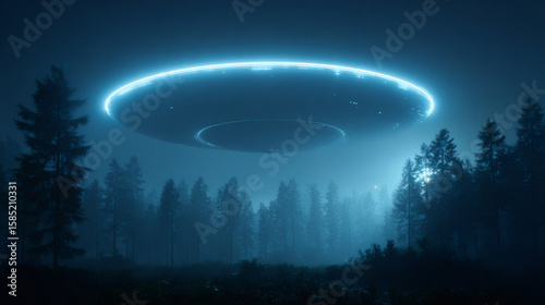 Glowing unidentified flying object hovers over a dark forest. Science fiction concept of extraterrestrial spacecraft and alien invasion.