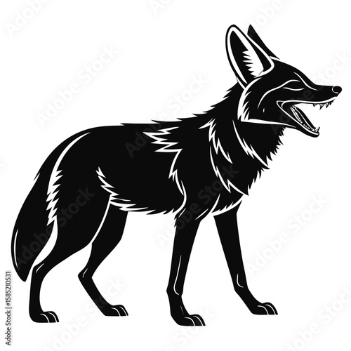 Black Silhouette of a Coyote with Mouth Open and Sharp Teeth Bared