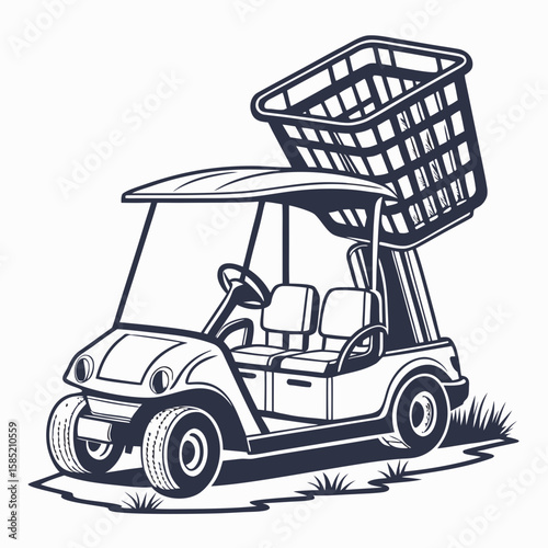 Golf cart with large basket on grassy terrain vehicle