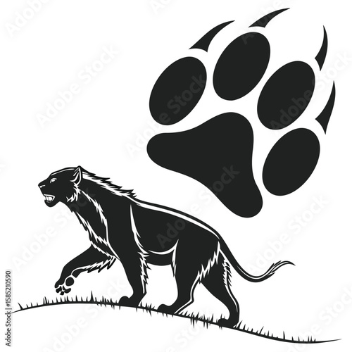 Powerful Panther Walking with Large Paw Print Overhead Symbolizing Strength and Nature