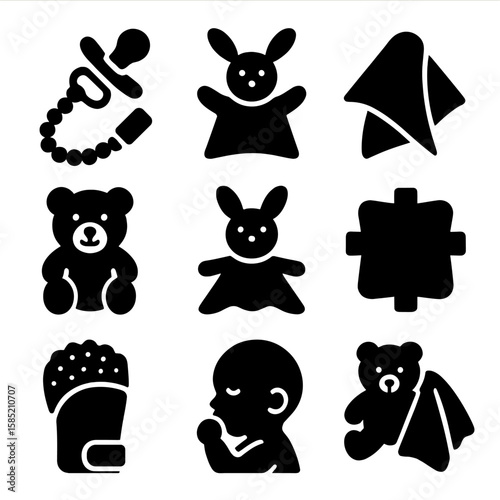 Baby Comfort Icons. Solid vector icons of pacifiers and comfort: pacifier clip, plush security toy, muslin blanket, cuddle bear