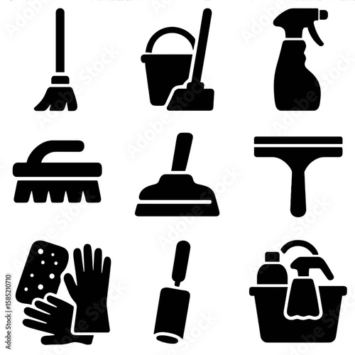 Cleaning Tools Icons. Solid style icons of cleaning tools: broom and dustpan, mop bucket icon, spray bottle silhouette, scrub