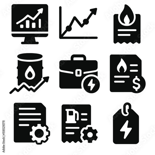 Energy Finance Icons. Solid vector icons of energy finance and market: energy trading chart, price fluctuation graph, oil futures