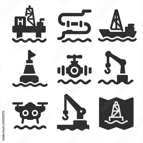Offshore Operations Icons. Solid style icons of offshore operations: offshore rig with helipad, underwater pipeline icon, drilling
