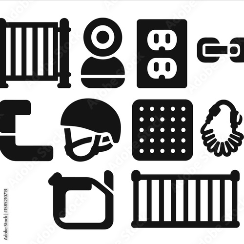 Child Safety Icons. Solid style icons of child safety: safety gate icon, baby monitor camera, outlet cover, cabinet lock, corner