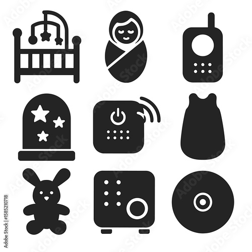 Newborn Sleep Icons. Solid vector icons of newborn sleep tools: crib with mobile icon, swaddle blanket, baby monitor symbol,