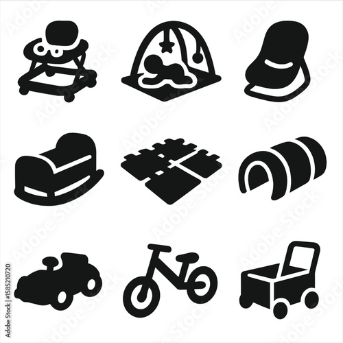 Playful Baby Icons. Solid style icons of play and movement: baby walker icon, tummy time mat, bouncer seat, rocker cradle, soft