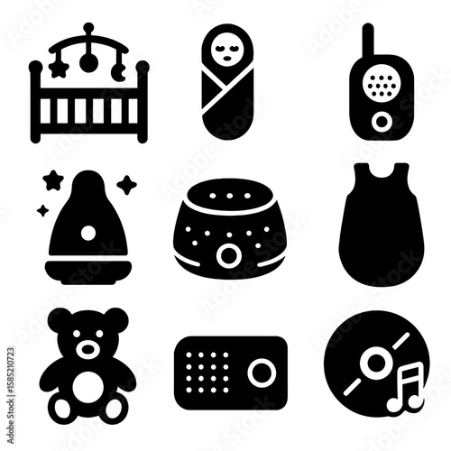 Newborn Sleep Icons. Solid vector icons of newborn sleep tools: crib with mobile icon, swaddle blanket, baby monitor symbol,