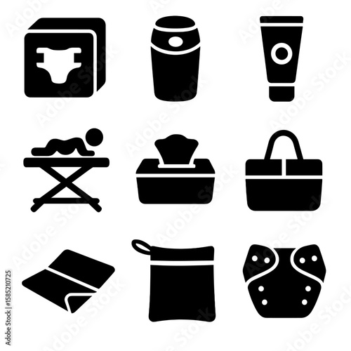 Diapering Essentials Icons. Solid vector icons of diapering: diaper pack icon, diaper pail, diaper rash cream, changing table