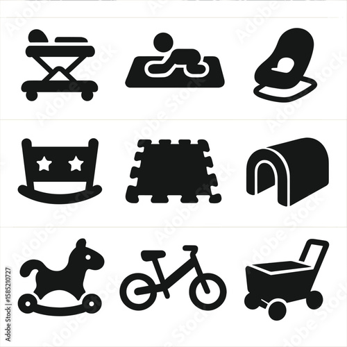 Playful Baby Icons. Solid style icons of play and movement: baby walker icon, tummy time mat, bouncer seat, rocker cradle, soft
