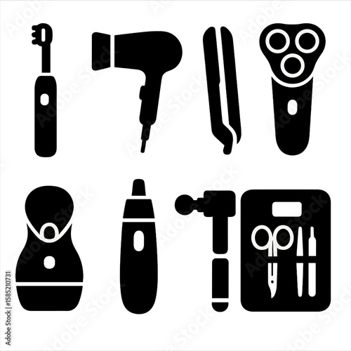 Personal Care Electronics Icons. Solid style icons of personal care electronics: electric toothbrush, hairdryer silhouette,